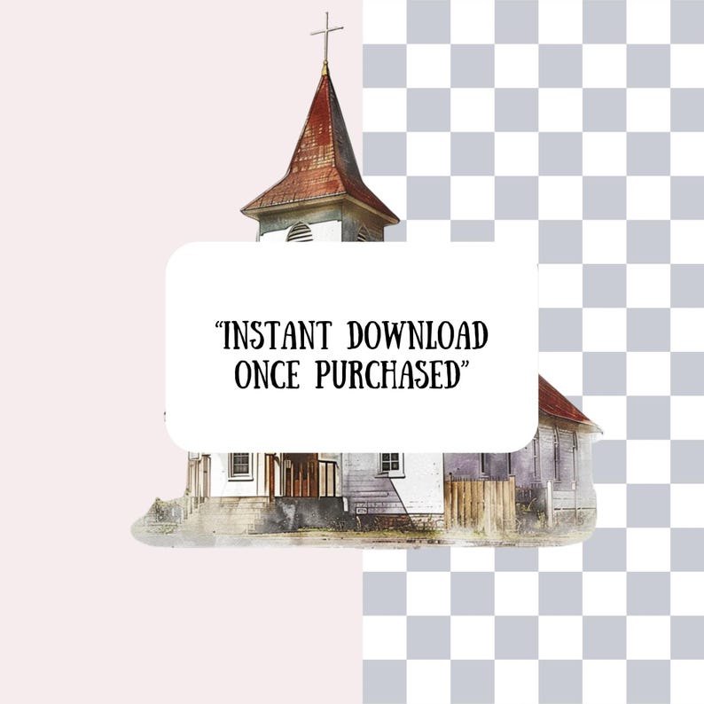 Puede incluir: Una ilustraci&oacute;n de acuarela de una iglesia con un techo rojo y una cruz en la parte superior. El texto "INSTANT DOWNLOAD ONCE PURCHASED" est&aacute; escrito en un cuadro blanco delante de la iglesia.
