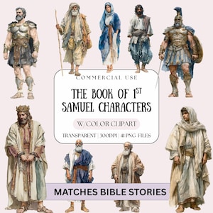 Puede incluir: Ilustraciones en acuarela de personajes del Libro de 1 Samuel, incluyendo guerreros, profetas y figuras con túnicas. La imagen incluye el texto "COMMERCIAL USE", "THE BOOK OF 1ST SAMUEL CHARACTERS", "W/COLOR CLIPART", "TRANSPARENT | 300DPI | 41 PNG FILES" y "MATCHES BIBLE STORIES".