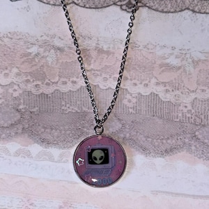 Y2K Alien Computer Necklace, Pink Retro PC Pendant, Holographic Glitter, Stainless Steel Chain