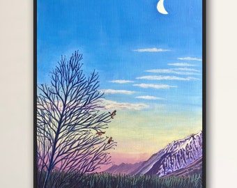 Luna creciente al amanecer Acrílico original sobre lienzo - 12x16 pulgadas