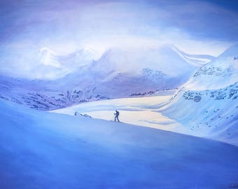 Impresión enmarañada de pintura acrílica original: esquiador en las Montañas Rocosas - 8x10 pulgadas