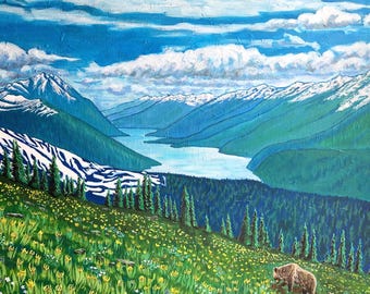 Impresión enmarañada de pintura acrílica original - Jardín de la Madre (Grizzly en Lily Meadows) - 8x10 pulgadas