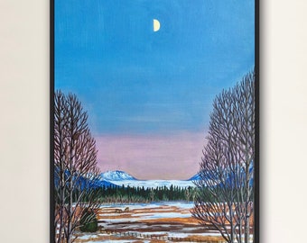 Media luna al atardecer Acrílico original sobre lienzo - 12 x 16 pulgadas