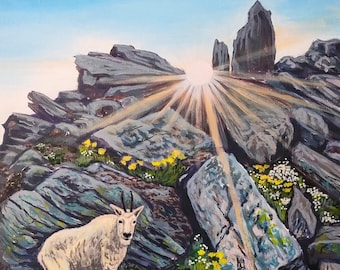 Impresión enmarañada de pintura acrílica original: Cabras montesas en el jardín de rocas, 8 x 10 pulgadas