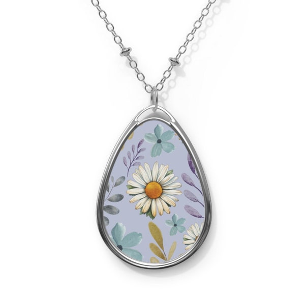 Oval necklace April daisy birth flower necklace oval pendant floral necklace April birth month necklace ellipse shaped daisy pendant