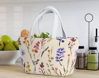 Lunch bag floral lunch tote picnic tote beige lunch bag neoprene lunch bag work lunch bag office lunch bag wildflower lunch bag for work