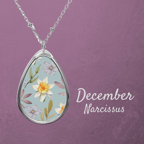 Oval necklace December narcissus birth flower necklace oval pendant floral necklace December birth month necklace ellipse shaped pendant