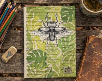 Personalized Vintage Stag Beetle Journal - Botanical Insect Sketchbook