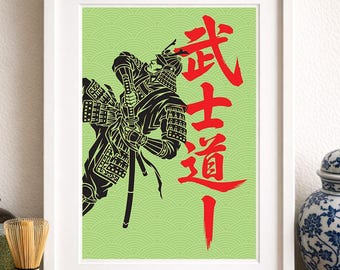 Samurai Art Print, Bushido Zen Decor, Japanese Wave Poster