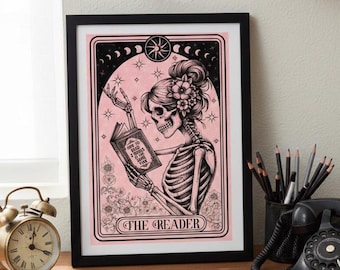 The Reader Tarot Print, Gothic Skeleton Reading Poster, Pink Celestial Art