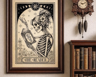 The Reader Tarot Print, Gothic Skeleton Bookish Wall Art, Dark Academia Decor