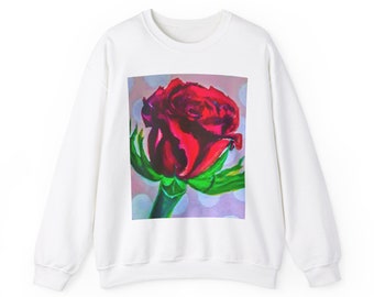 Unisex Heavy Blend™ Crewneck Red Rose Sweatshirt, Artistic Floral Pullover, Cozy Flower Design Sweater for Women, Unique Nature-Inspired