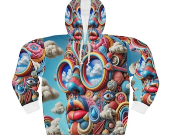 Unisex Pullover Hoodie (AOP) Vibrant Surrealist Art Hoodie, Colorful 3D Fantasy Design for Unique Streetwear