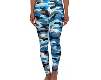 Leggings de ioga de cintura alta com camuflagem azul (AOP), leggings de treino camufladas estilosas para mulheres, roupas esportivas macias e elásticas