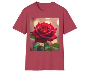 Unisex Softstyle T-Shirt - Elegant Red Rose Tee, Artistic Floral T-Shirt for Nature Lovers, Romantic Rose Graphic Shirt