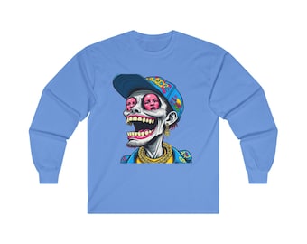 Camiseta unisex de manga larga de algodón ultrafino: diseño de calavera con grafiti vintage, estilo urbano pop art, camiseta gráfica atrevida y moderna.