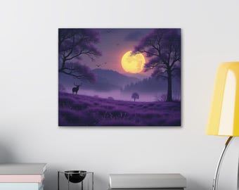 Canvas Stretched, 0.75" Enchanted moonlit forest with majestic deer.