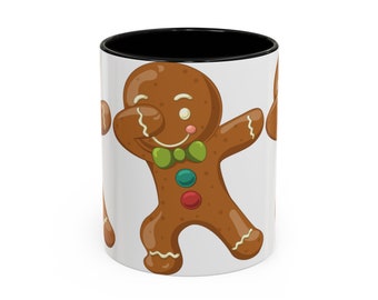 Accent Coffee Mug (11, 15oz) - Festive Holiday Mug - Christmas Gift Design with Dabbing Gingerbread Man