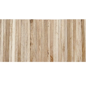 May include: A close-up of a wood panel wall made of many thin, light brown wooden slats.