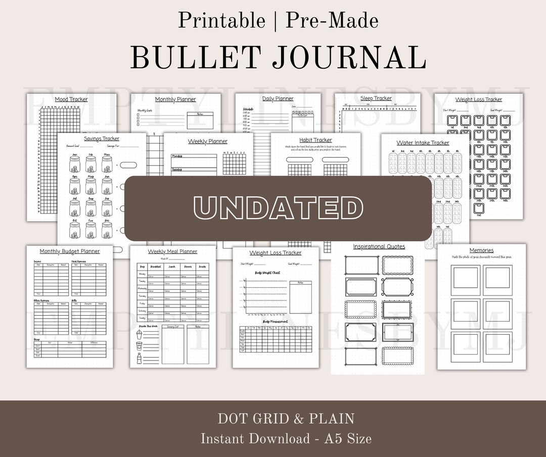 Undated Pre-made Bullet Journal Printable, Printable Journal Trackers ...