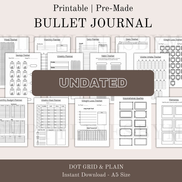 Undated Pre-made Bullet Journal Printable, Printable Journal Trackers, Bullet Journal Pre-made