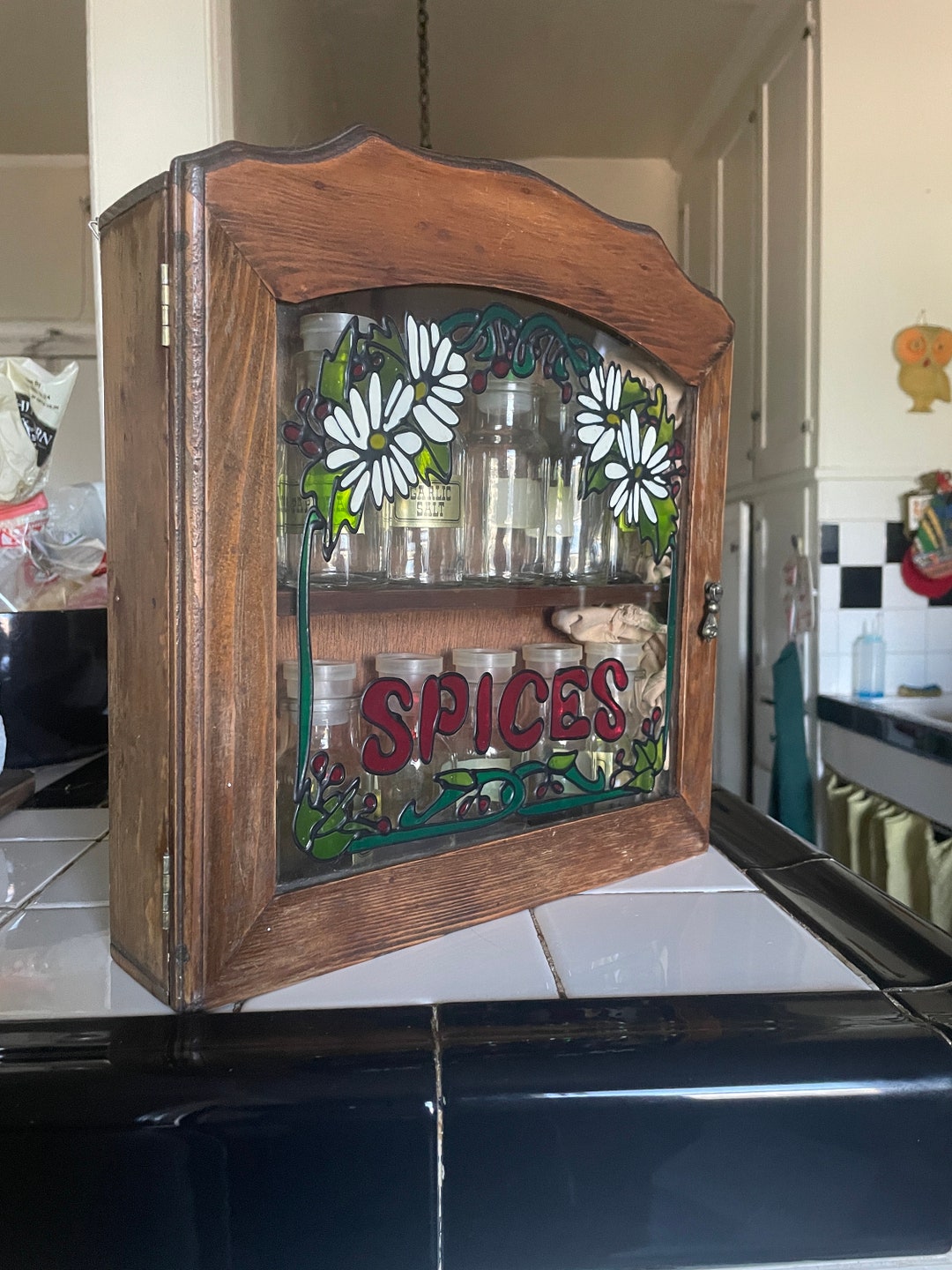 Vintage Stained Glass Spice Rack With Glass Jars - Etsy