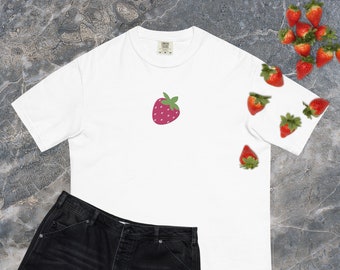 Embroidered T Shirt Strawberry Tee Pink Berry Embroidery Shirt Minimalist Comfort Colors Unisex T-Shirt Summer Fruit Gift