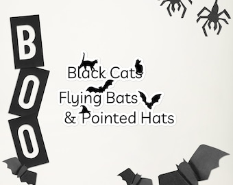 Halloween Sticker Cats Bats Hats Vinyl Sticker Witch Hat Black Cats Sticker for Hallow's eve