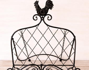 Vintage Rooster Cookbook Stand, Black Metal w/ Distressed Rub Oiled Bronze Edge Details, Farmhouse Kitchen Decor, French Country Book Stand