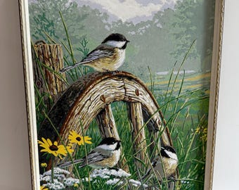Original Chickadee Acrylic Painting Framed Vintage Bird Wall Art Cottagecore Farmhouse Decor Rustic Meadow Landscape Painting 21x17