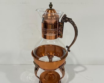 Vintage Copper Glass Coffee Carafe with Warming Stand & Lid, Coffee Tea Server, Copper Beverage Warmer, Mid Century Entertaining Decor