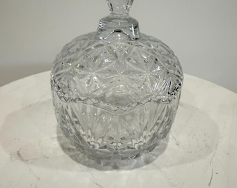 Vintage Cut Glass Lidded Candy Dish, Small Crystal Trinket Jar, Vanity Jewelry Box, Cottage Decor, Wedding Decor, Sugar Bowl