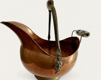 Vintage Copper Coal Scuttle, Large Fireplace Log Holder, Rustic Copper Wood Basket, Fireside Hearth Decor, Antique Style Log Carrier