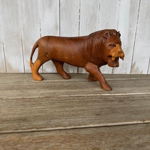 Vintage Mid-century Handcarved Wood Lion Figurine-