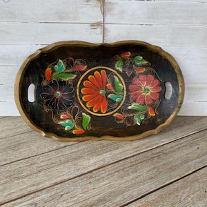 Vintage Mexican Folk Art Wooden Tray with handles