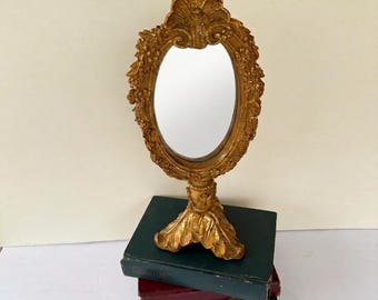 Vintage Gold Resin Vanity Mirror, Ornate Baroque Tabletop Mirror, French Rococo Style Dressing Mirror, 15” Tall Decorative Vanity Decor