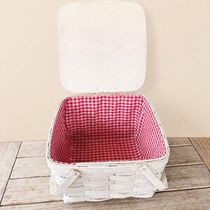 Vintage White Wooden Slat Picnic Basket Weave with Red Gingham Liner, Farmhouse Cottage Storage Basket, Rustic Country, French Cottage