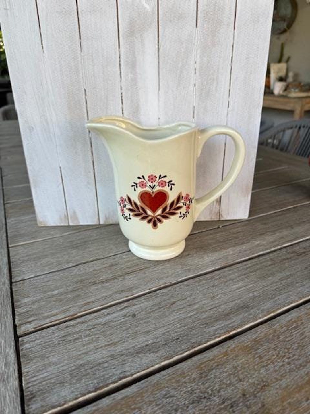 Vintage Pottery Pitcher Cream Color With Red Heart Folk Art Farmhouse ...