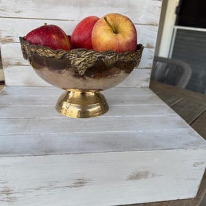 Vintage Mid Century Brass Footed Pedestal Fruit Bowl with Grape Motif