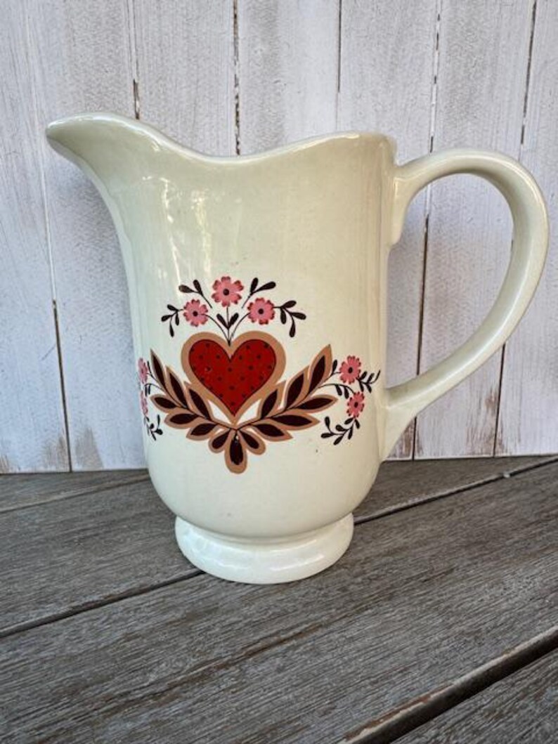 Vintage Pottery Pitcher Cream Color With Red Heart Folk Art Farmhouse ...