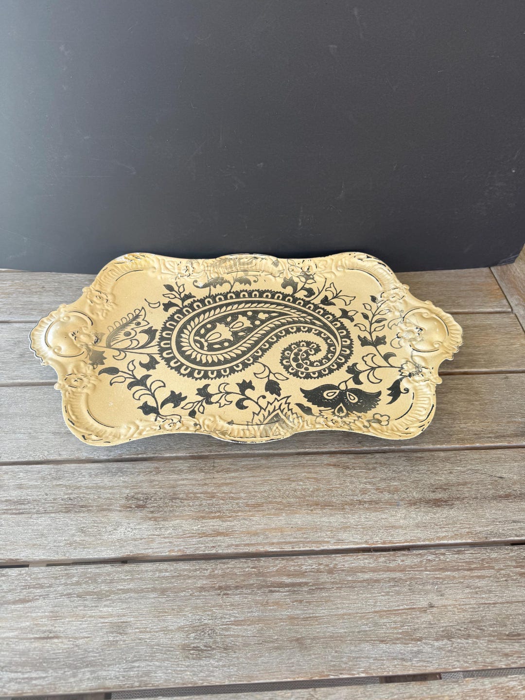 Vintage Creamy Yellow & Black Filigree Paisley Tray With Feet, French ...