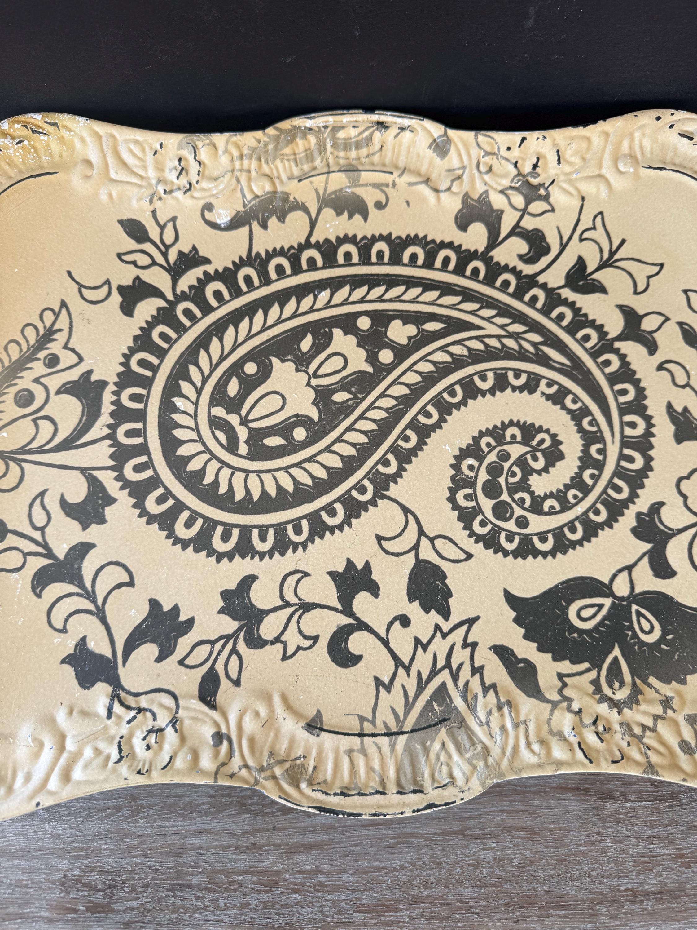 Vintage Creamy Yellow & Black Filigree Paisley Tray With Feet, French ...