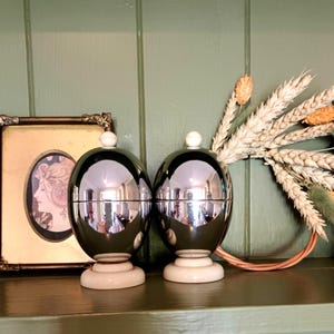 May include: Two identical egg-shaped containers with reflective silver surfaces and white circular bases and lids. Each container features a smooth, rounded body that tapers towards the top and bottom, resting on a pedestal-style base.