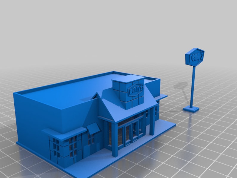 May include: A blue 3D printed model of a Denny's restaurant building with a sign that reads "Denny's".