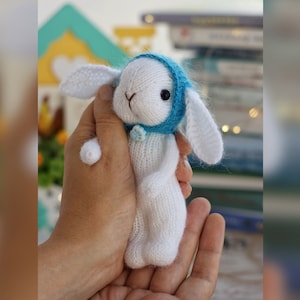 May include: White knitted bunny rabbit wearing a blue knitted hat. The bunny is being held in a person's hand.