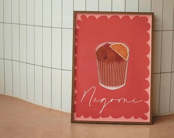Negroni Cocktail Print, Retro Wall Art, Cocktail Illustration, Kitchen Decor, Bar Cart Prints, Retro Cocktail Print, Aesthetic Wall Art