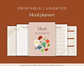 May include: Printable undated meal planner with a monthly calendar, recipe list, meal planner, and grocery list. The meal planner page features a colorful illustration of food items.