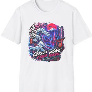 Neon Tokyo Wave T-Shirt Cyberpunk Japanese Streetwear Great Wave Graphic Tee Gift for Him Her Unisex
