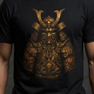 Könnte beinhalten: Schwarzes T-Shirt mit einer detaillierten goldenen Illustration eines Samurai-Kriegers. Das Kunstwerk zeigt den Helm, die Rüstung und die Gesichtszüge des Samurai. Das Design ist auf dem Shirt zentriert und bietet einen auffälligen visuellen Effekt.