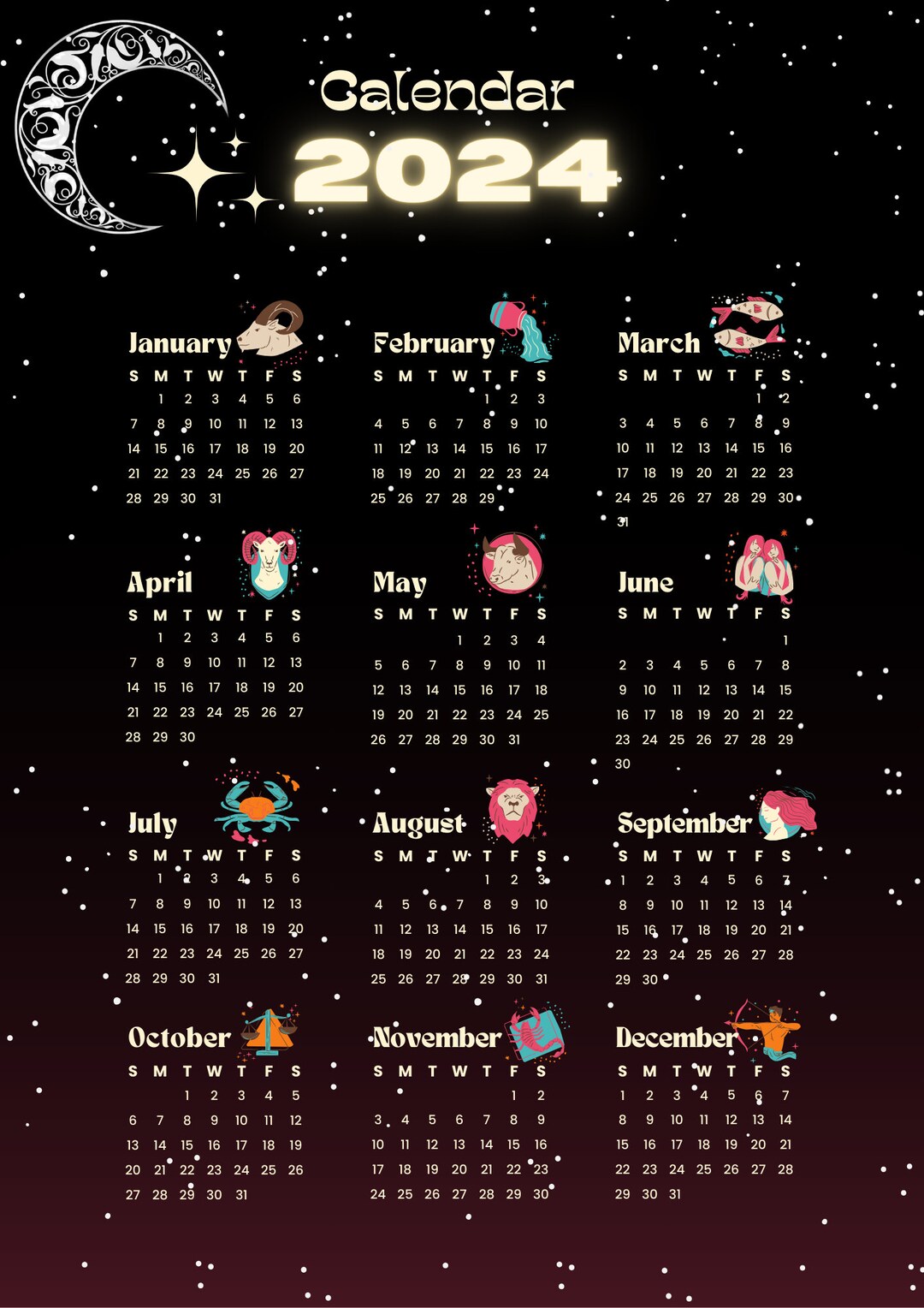 Digital Calendar 2024 Zodiac Calendar 2024 Celestial Calendar 2024